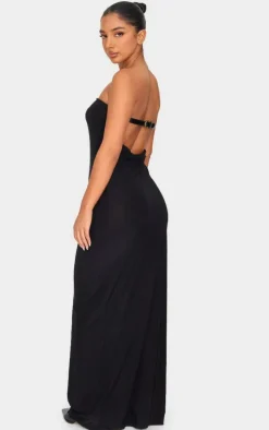 Petite Black Bandeau Open Back Belt Detail Maxi Dress