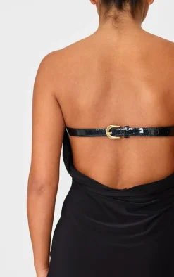 Petite Black Bandeau Open Back Belt Detail Maxi Dress