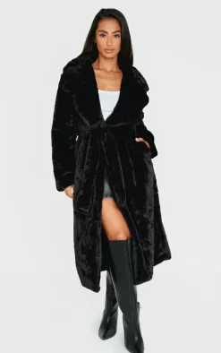 Petite Black Belted Faux Fur Coat