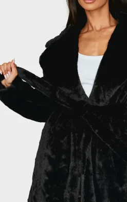 Petite Black Belted Faux Fur Coat