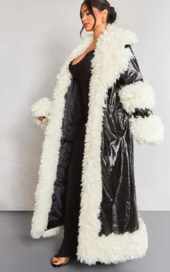 Petite Black Borg Trim Midi Coat