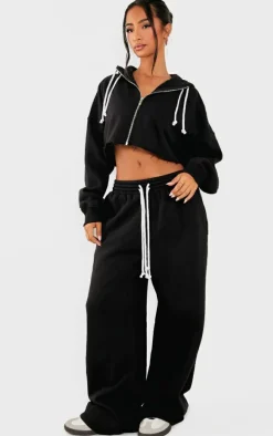 Petite Black Contrast Drawstring Cropped Zip Up Hoodie