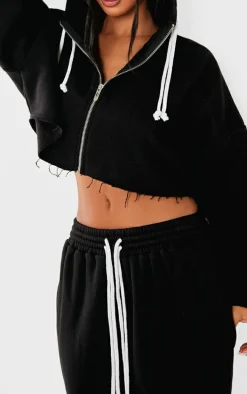 Petite Black Contrast Drawstring Cropped Zip Up Hoodie