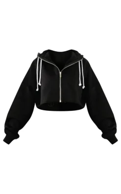 Petite Black Contrast Drawstring Cropped Zip Up Hoodie
