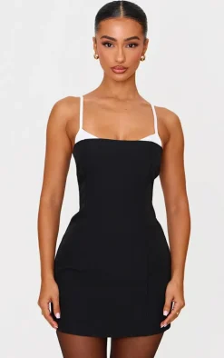 Petite Black Contrast Strappy Woven Mini Dress