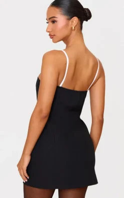 Petite Black Contrast Strappy Woven Mini Dress