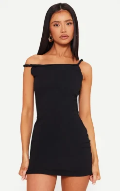 Petite Black Cotton Twist Shoulder Mini Dress