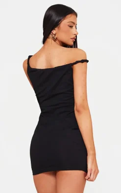 Petite Black Cotton Twist Shoulder Mini Dress