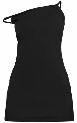 Petite Black Cotton Twist Shoulder Mini Dress