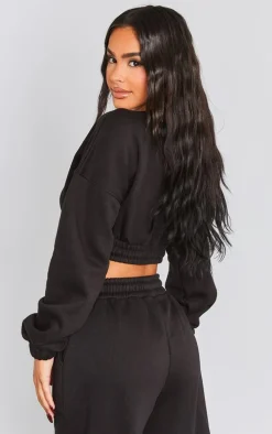 Petite Black Crop Elasticated Sweat Top