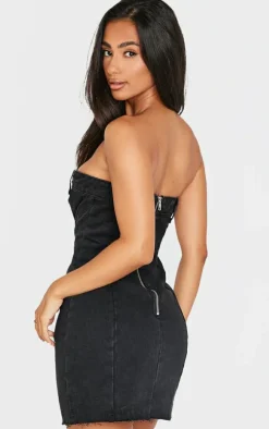 Petite Black Denim Bandeau Mini Dress