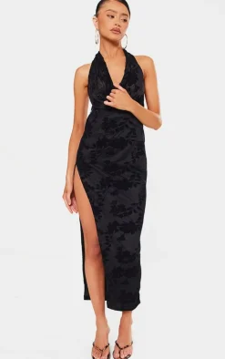 Petite Black Devore Open Back Cowl Maxi Dress