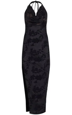 Petite Black Devore Open Back Cowl Maxi Dress