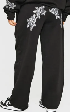 Petite Black Diamante Graphic Detail Wide Leg Sweatpants