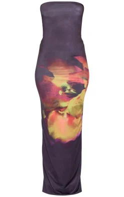 Petite Black Double Slinky Flower Print Bandeau Maxi Dress