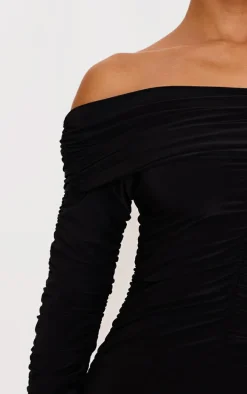 Petite Black Double Slinky Bardot Ruched Mini Dress