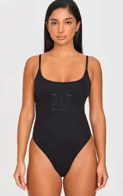 Petite Black Embroidered Strappy Bodysuit