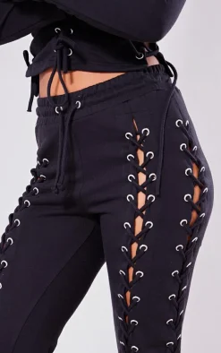 Petite Black Eyelet Detail Lace Up Sweatpants