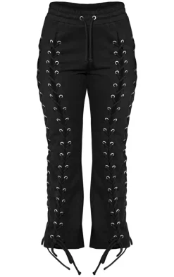 Petite Black Eyelet Detail Lace Up Sweatpants