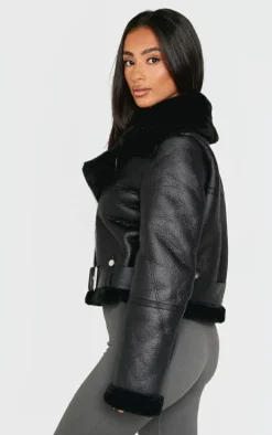 Petite Black Faux Leather Aviator Jacket