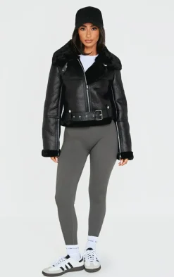 Petite Black Faux Leather Aviator Jacket