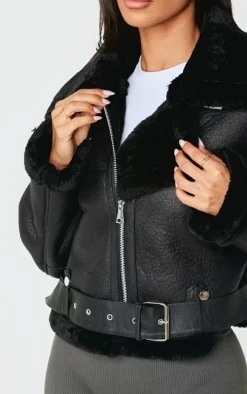 Petite Black Faux Leather Aviator Jacket