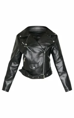 Petite Black Faux Leather Zip Detail Biker Jacket