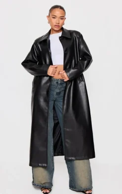 Petite Black Faux Leather Maxi Trench Coat