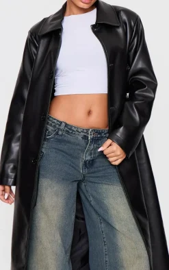 Petite Black Faux Leather Maxi Trench Coat