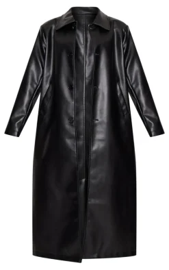 Petite Black Faux Leather Maxi Trench Coat