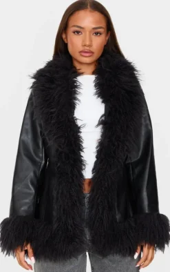 Petite Black Faux Leather Longline Jacket With Fur Trims