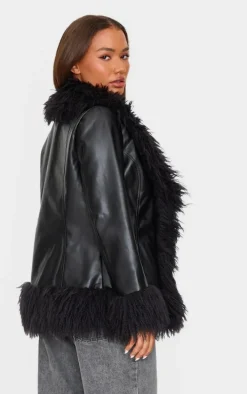 Petite Black Faux Leather Longline Jacket With Fur Trims