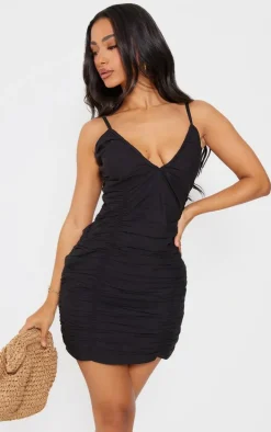 Petite Black Faux Linen Look Ruched Strappy Mini Dress