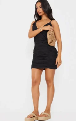 Petite Black Faux Linen Look Ruched Strappy Mini Dress