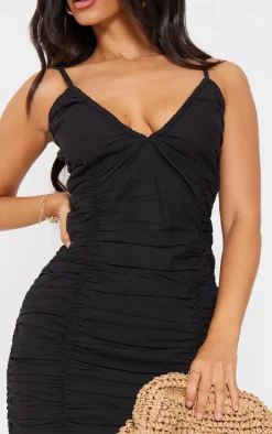 Petite Black Faux Linen Look Ruched Strappy Mini Dress