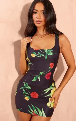 Petite Black Floral Printed Fitted Mini Dress