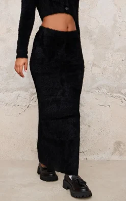 Petite Black Fluffy Knit Low Waist Maxi Skirt
