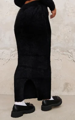 Petite Black Fluffy Knit Low Waist Maxi Skirt