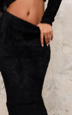 Petite Black Fluffy Knit Low Waist Maxi Skirt