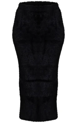 Petite Black Fluffy Knit Low Waist Maxi Skirt