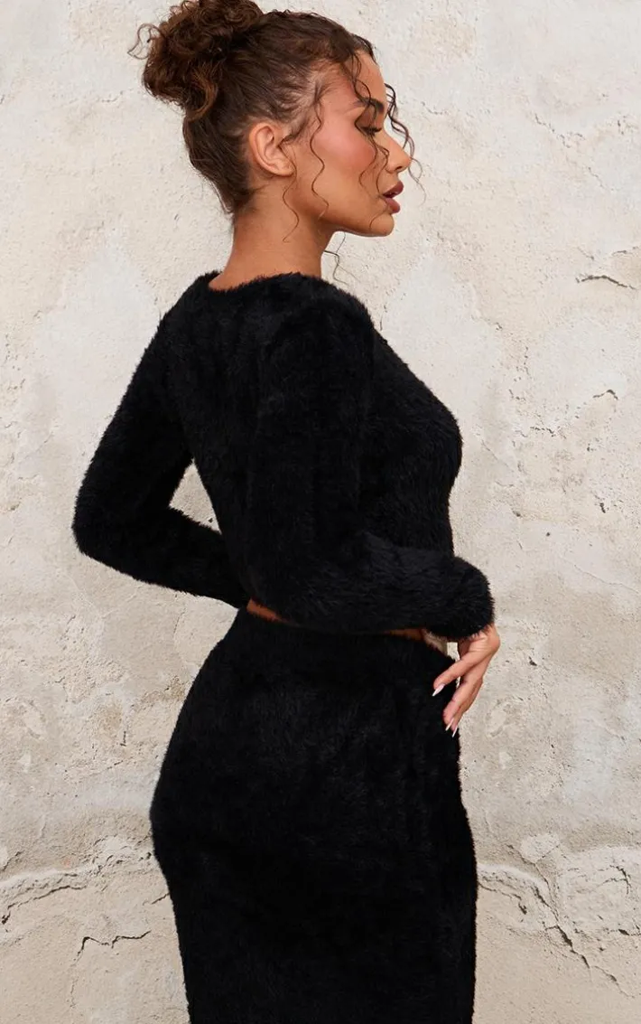 Petite Black Fluffy Knit Cropped Cardigan