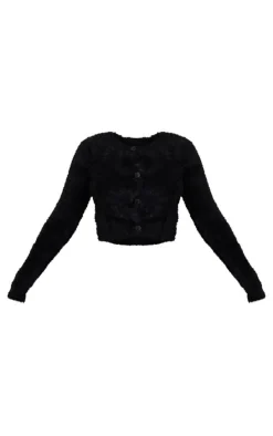 Petite Black Fluffy Knit Cropped Cardigan