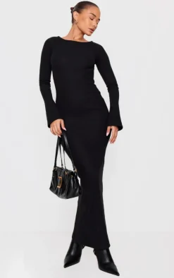 Petite Black Heavy Brushed Rib Tie Back Maxi Dress