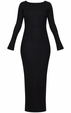 Petite Black Heavy Brushed Rib Tie Back Maxi Dress