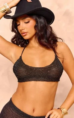 Petite Black Knit Sequin Extreme Crop Top