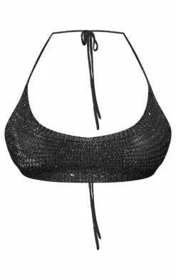 Petite Black Knit Sequin Extreme Crop Top