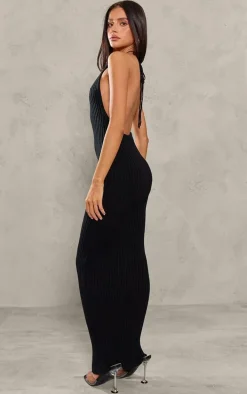 Petite Black Knitted Open Back Maxi Dress