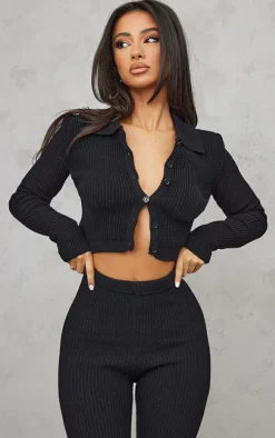 Petite Black Knitted Rib Cropped Cardigan