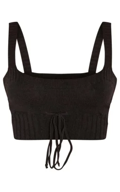 Petite Black Knitted Strappy Tie Front Crop Top