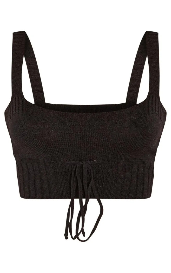 Petite Black Knitted Strappy Tie Front Crop Top